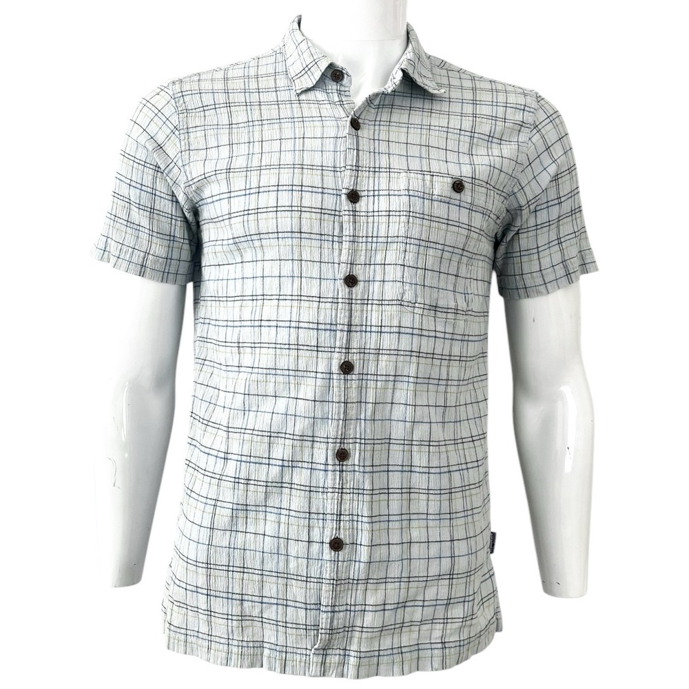 Patagonia Shirt Men Sz Medium Puckerware Seersucker Organic Cotton Short Sleeve‎